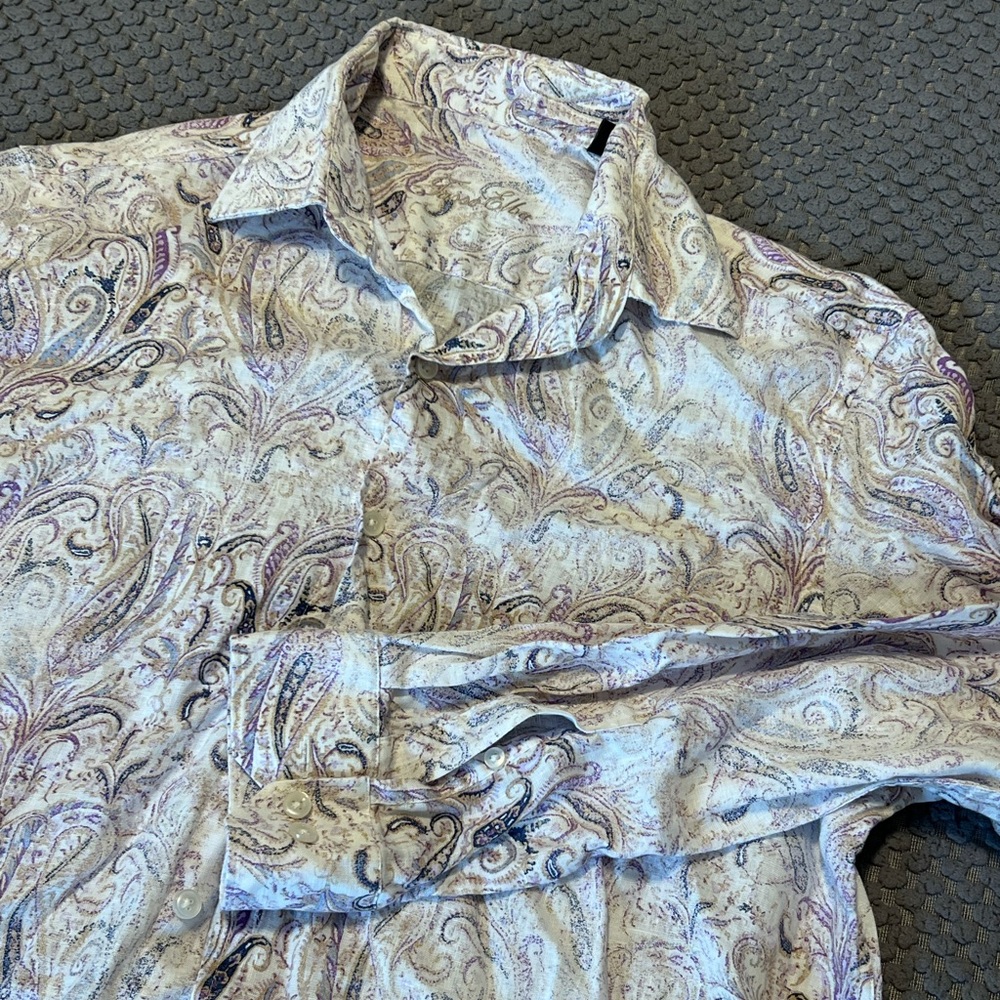 Tasso Elba M 15-15 1/2 Button Down Paisley Purple Long‎ Sleeve Shirt 100% Linen